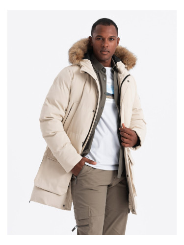 Ombre Men's long parka jacket with flared bottom - cream