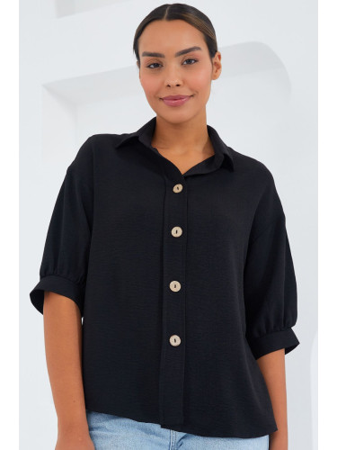 Bigdart Women's Black Short Sleeve Oversize Linen Shirt 20240