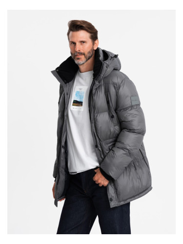 Ombre Men's long puffer jacket with snap pockets - graphite