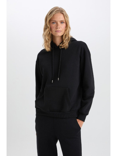 DEFACTO Relax Fit Hooded Kangaroo Pocket Thick Casual Basic Plain Black Sweatshirt