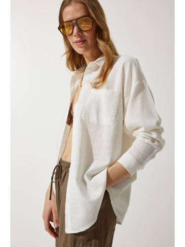 Happiness İstanbul Women's Ecru Pocket Oversize Linen Shirt