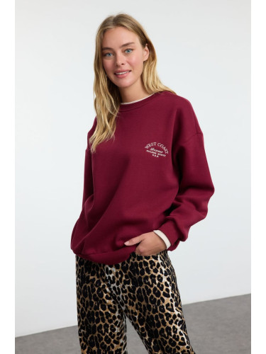 Trendyol Claret Red Slogan Embroidered Color Block Oversize Thick Polar Fleece Knitted Sweatshirt