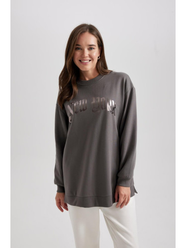 DEFACTO Regular Fit Crew Neck Printed Inside Soft Furry Sweatshirt Tunic