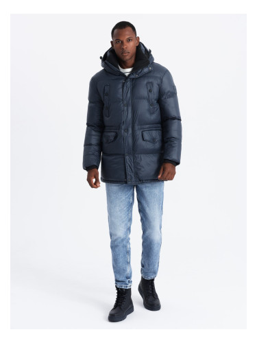 Ombre Men's long puffer jacket with snap pockets - navy blue