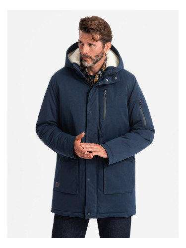 Ombre Men's long parka sherpa jacket – navy blue