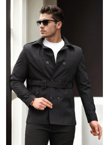 23058 Dewberry Lined Belted Double Breasted Mens Trenchcoat-BLACK