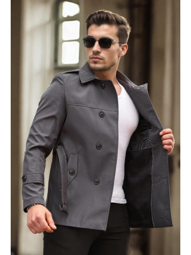 23058 Dewberry Lined Belted Double Breasted Mens Trenchcoat-GREY