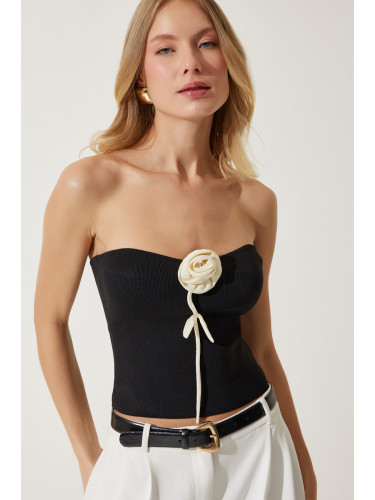 Happiness İstanbul Women's Black Rose Detailed Strapless Blouse