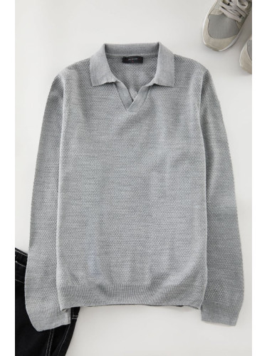 Trendyol Grey Regular Polo Neck Textured Knitwear Sweater