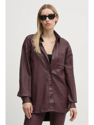 Риза Pepe Jeans OVERSHIRT дамска в бордо със свободна кройка с класическа яка PL304963YH7