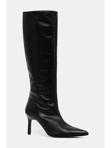 Кожени ботуши Calvin Klein HEEL KNEE BOOT 70 LTH в черно с тънък ток HW0HW02162