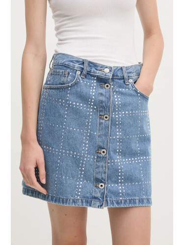 Дънкова пола Pepe Jeans MINI SKIRT HW GLITTER в синьо къса разкроена PL901164