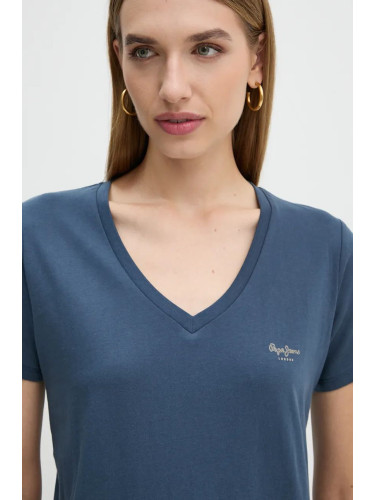 Памучна тениска Pepe Jeans FIORE V NECK в тъмносиньо PL505948