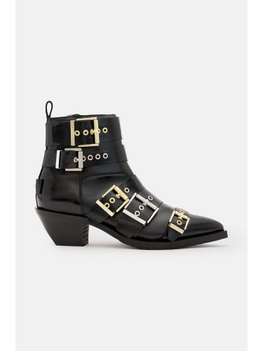 Кожени боти AllSaints Jane Buckle Boot в черно с дебел ток W019FB