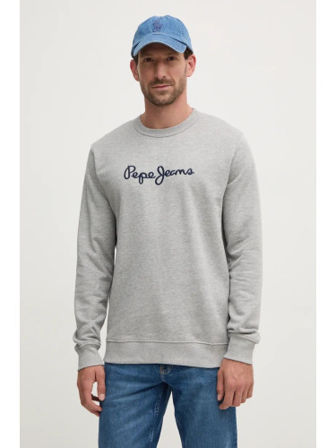 Памучен суичър Pepe Jeans NEW JOE CREW в сиво с апликация PM582715