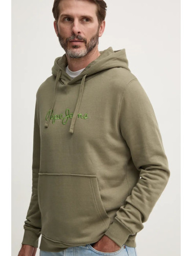 Памучен суичър Pepe Jeans NEW JOE HOODIE в зелено с качулка с апликация PM582716