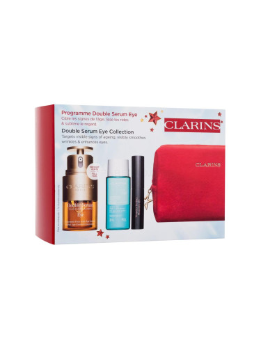 Clarins Double Serum Eye Collection Подаръчен комплект околоочен серум Double Serum Eye 20 ml + демакиант за очи Instant Eye Make-Up Remover 30 ml + спирала Wonder Perfect Mascara 4D 3 ml 01 Perfect Black + червена козметична чантичка