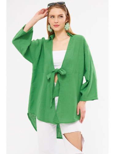 armonika Women's Green Linen Look Front Tie Kimono Shirt