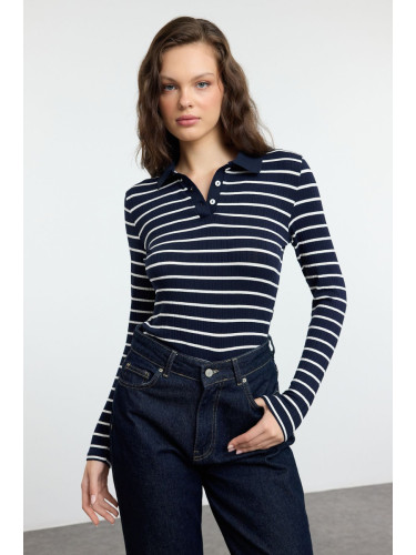 Trendyol Navy Blue More Sustainable Striped Button-Down Collar Knitted Blouse