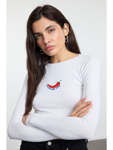 Trendyol White Embroidered Premium Viscose Crew Neck Crop Flexible Knitted Blouse