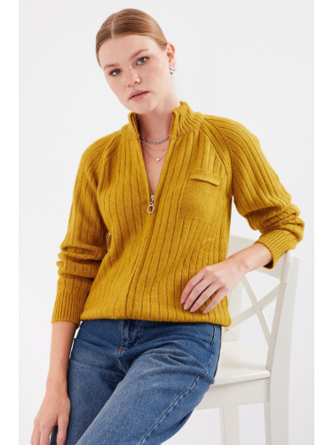 Bigdart 15880 Zippered Knitwear Cardigan - Mustard