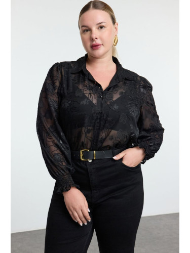 Trendyol Curve Black Floral Sleeveless Gipel Transparent Woven Plus Size Shirt