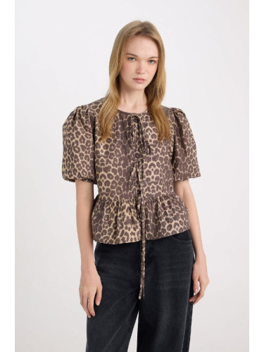 DEFACTO Regular Fit Round Neck Leopard Printed Front Tie Poplin Short Sleeve Blouse