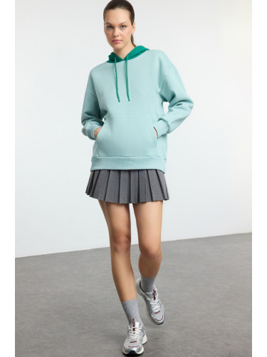 Trendyol Mint Back Printed and Color Block Hooded Oversize/Wide Pattern Knitted Sweatshirt