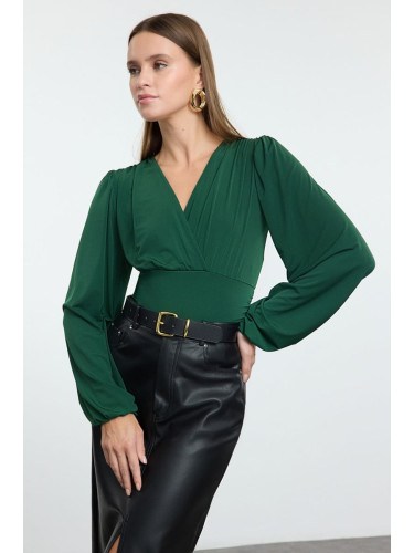 Trendyol Emerald Green Double Breasted Gather/Drape Detail Long Sleeve Flexible Knitted Blouse