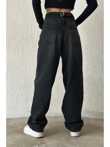 71755 Dewberry Buckle Detail Loose Cut Wide Leg Women Jeans-BLACK
