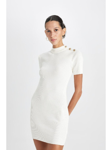 DEFACTO Fitted Half Turtleneck Basic Plain Button Detail Rib White Mini Dress