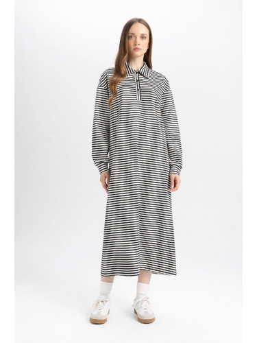 DEFACTO Relax Fit Striped Zippered Polo Neck Long Sleeve Maxi Dress