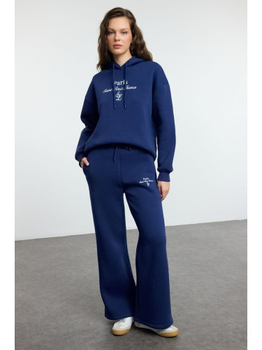 Trendyol Navy Blue Slogan Embroidered Regular/Normal Cut Thick Polar Fleece Knitted Tracksuit