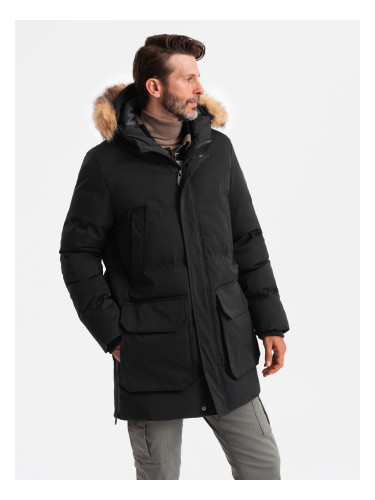 Ombre Men's insulated long parka jacket with flared bottom - black