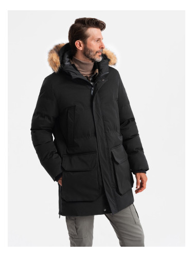 Ombre Men's long parka jacket with flared bottom - black