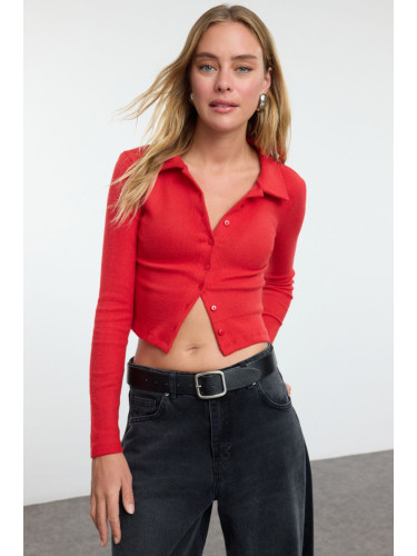 Trendyol Red Button Detailed Fitted Crop Polo Neck Ribbed Stretchy Knitted Blouse