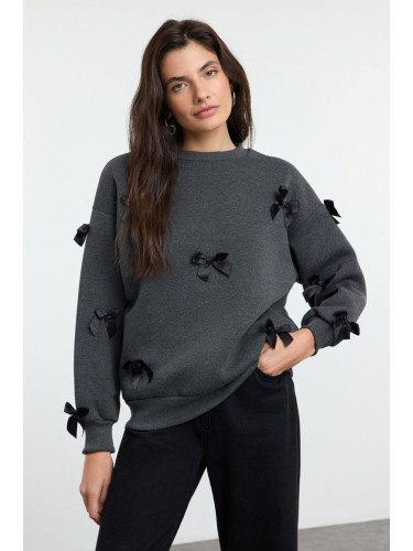 Trendyol Anthracite Melange Ribbon Detailed Oversize/Wide Pattern Thick Knitted Sweatshirt