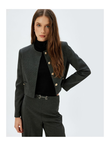 Koton Crop Blazer Jacket Collarless Gold Button Detail