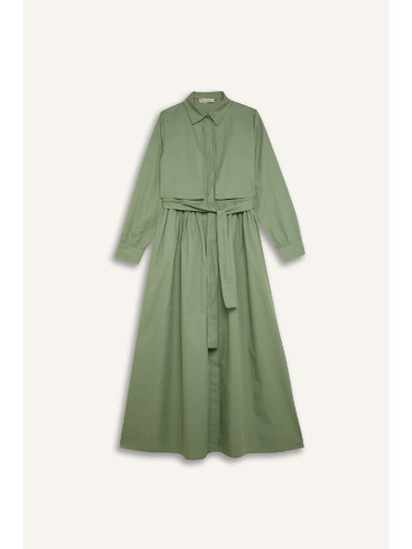 DEFACTO Shirt Collar Belted Button Closure Long Sleeve Poplin Midi Dress