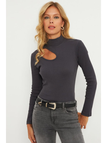 Cool & Sexy Women's Anthracite Cross Neck Half Turtleneck Blouse B1404