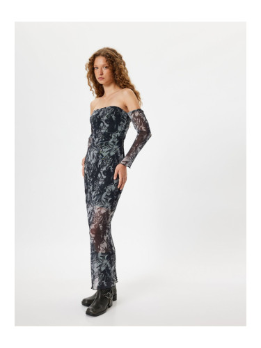 Koton Strapless Tulle Dress Long Lined Abstract Patterned Long Sleeves