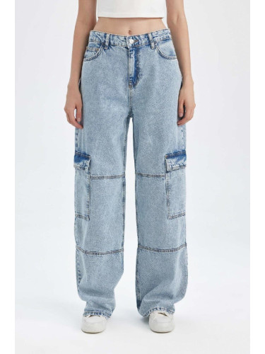 DEFACTO Straight Fit Cargo High Waist Long Jean Washed Trousers