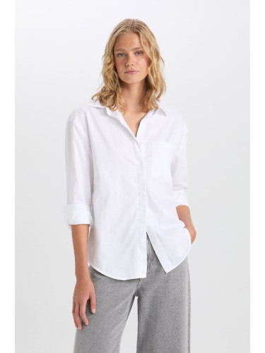 DEFACTO Oversize Wide Fit Pocket Basic Plain Poplin Long Sleeve White Shirt