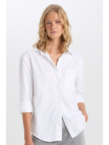 DEFACTO Oversize Wide Fit Pocket Basic Plain Poplin Long Sleeve White Shirt