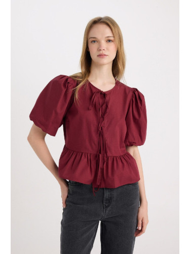 DEFACTO Regular Fit Round Neck Front Tie Poplin Short Sleeve Blouse