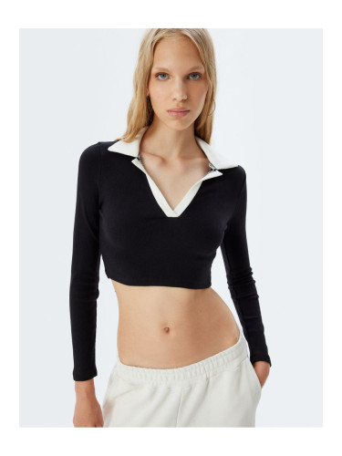 Koton Polo Neck T-Shirt Crop Long Sleeve Piping