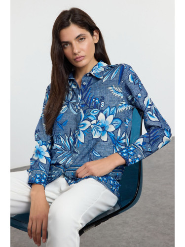 Trendyol Blue Floral Patterned Oversize Wide Pattern Shirt