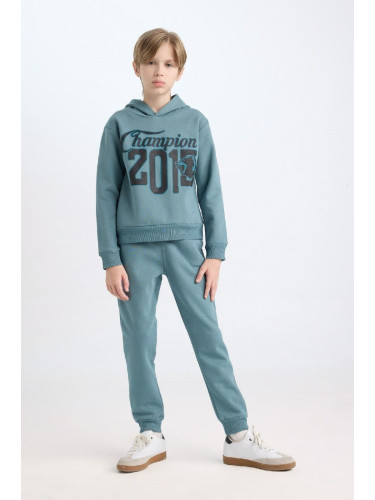 DEFACTO Boy's Hooded Printed Sweatshirt Elastic Waist Tracksuit Bottoms 2-Piece Set