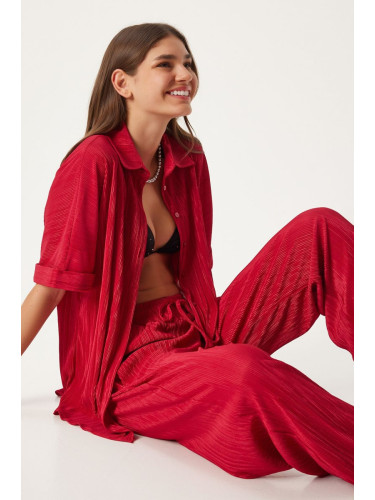 Happiness İstanbul Women's Red Pleated Shirt Trousers Set