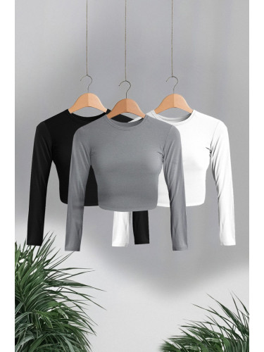 Trendyol Black-White-Anthracite 3-Pack Crop Fitted/Body-Sit Knitted Blouse